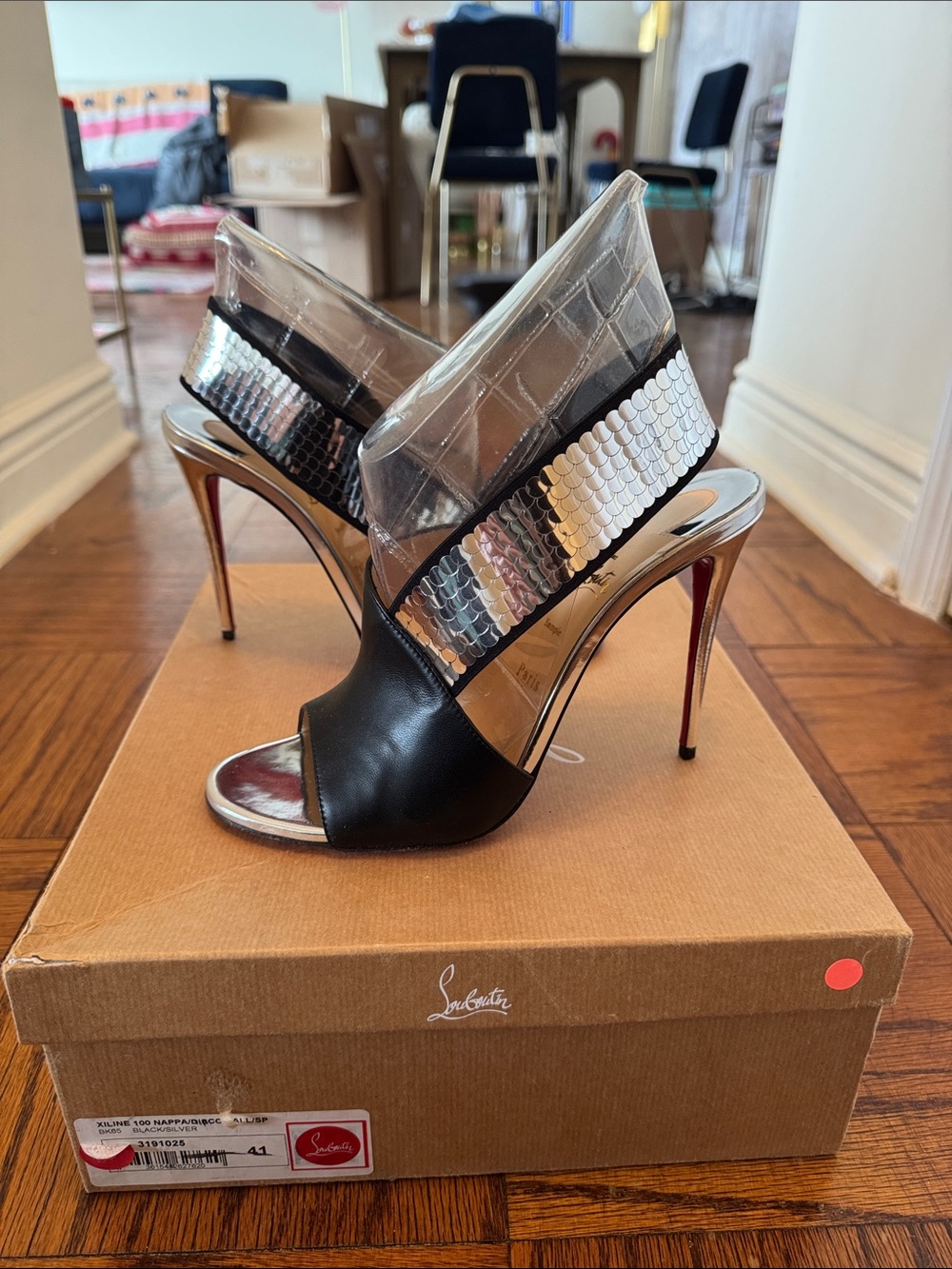 Christian Louboutin Black Leather & Silver Sequin Clear-Panel Heels